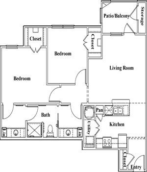 B1 - Three Bedroom / One Bath - 1,000 Sq. Ft.*